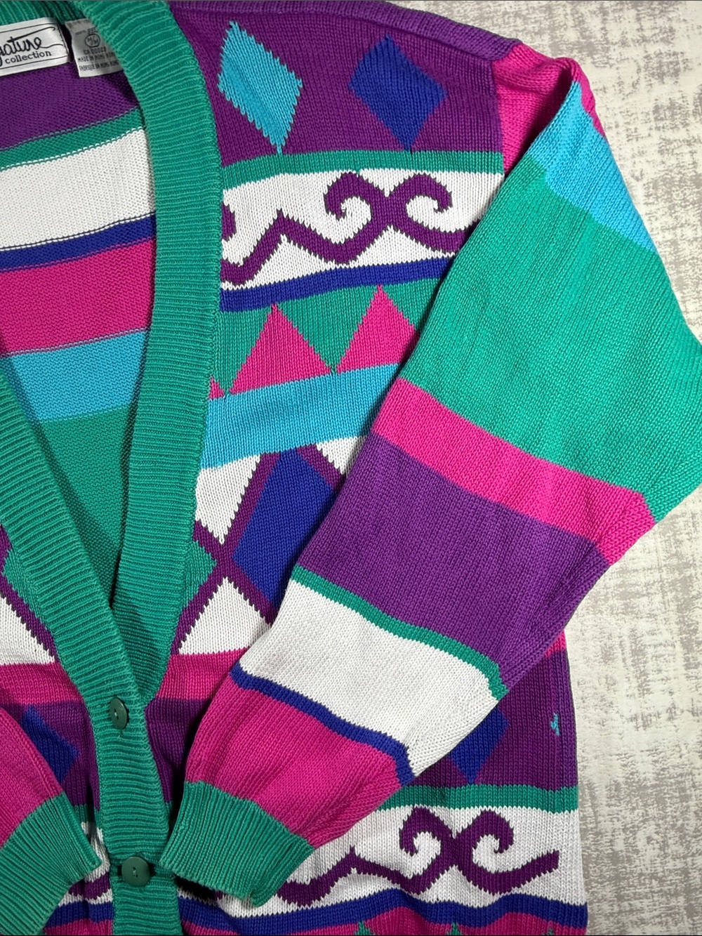 Signature Vintage  Teal, Purple & Pink Geometric Button-Up Cardigan sz M 24X20.5 - Picture 5 of 14